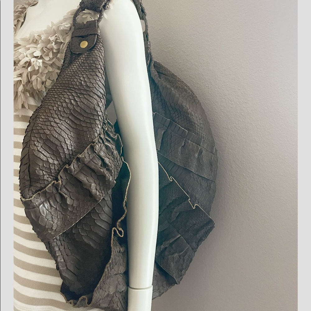 Uzca Snake Python Ruffle Shoulder Handbag - image 4
